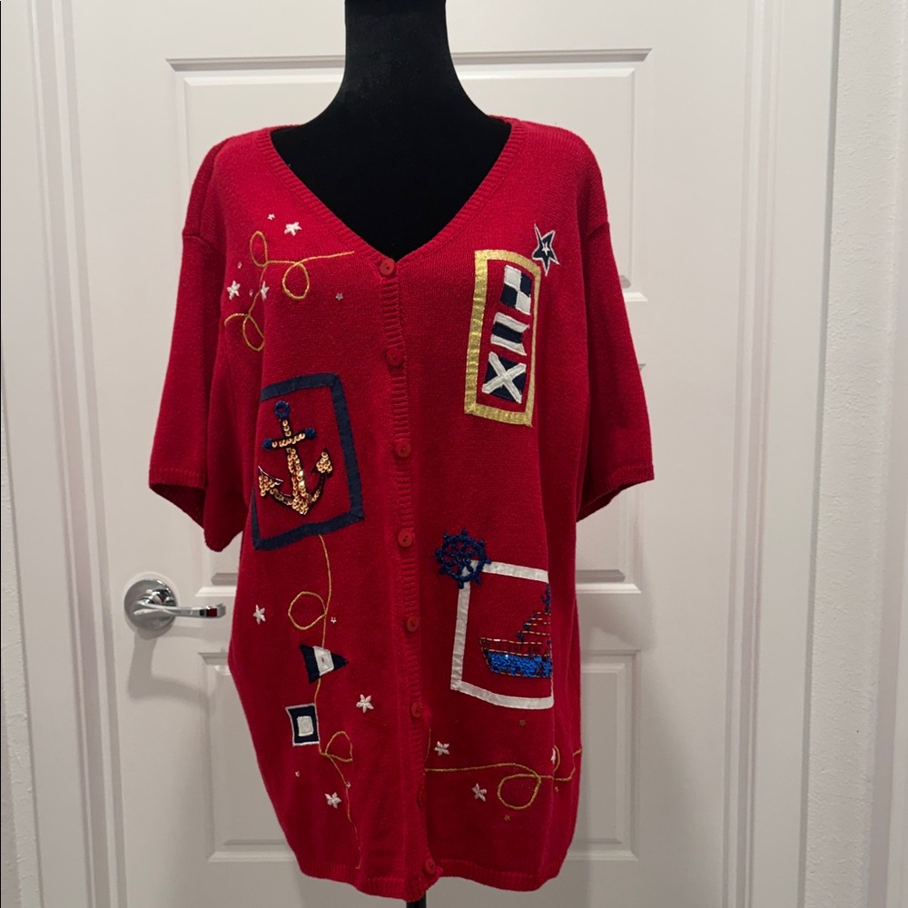 Susan Graver Red Nautical Cardigan - Picture 5 of 12